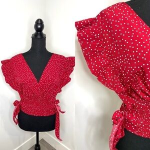 Lyaner Red Polka Dot Deep V-Neck Crop Top (M)